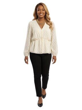 Elizabeth and James Cream V Neck Front Tie Long Sleeve Peplum Blouse